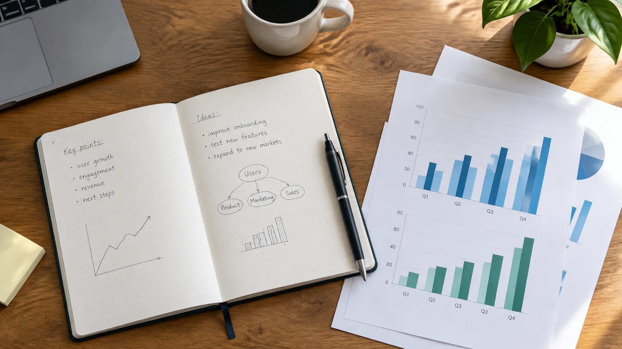 Open notebook with pen and printed charts on a desk