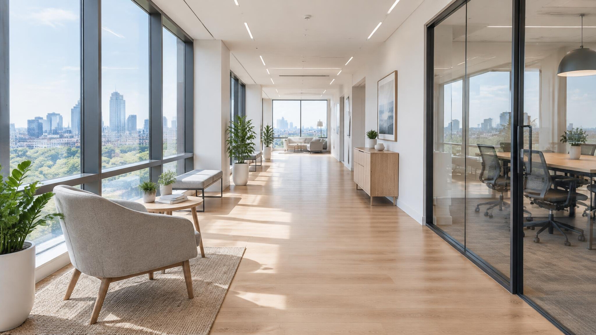 Bright modern office reception hallway