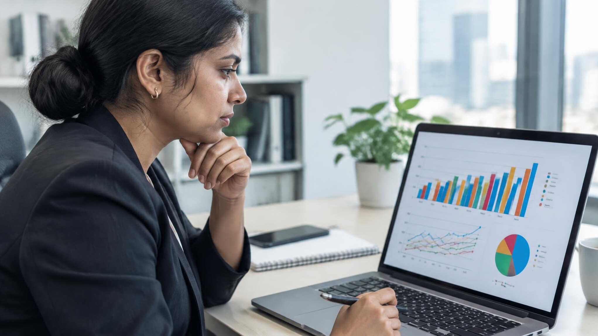 Researcher analyzing statistical charts on a laptop