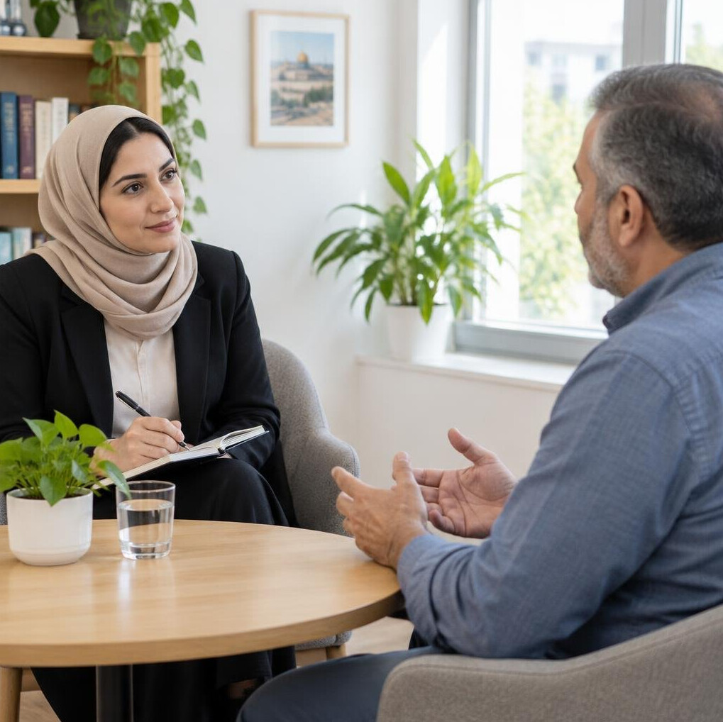 Two people in a research interview with a notebook