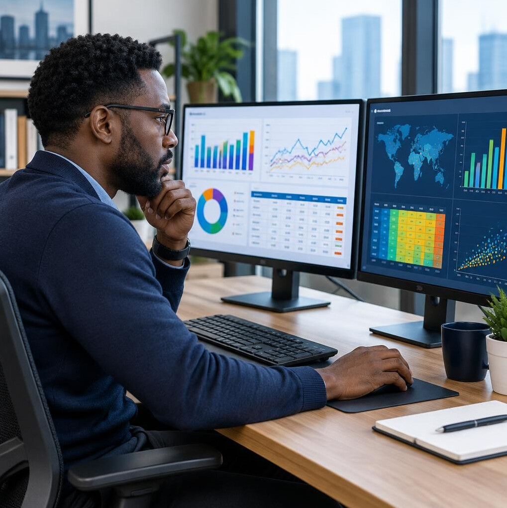 Researcher working with multiple monitors showing statistical charts